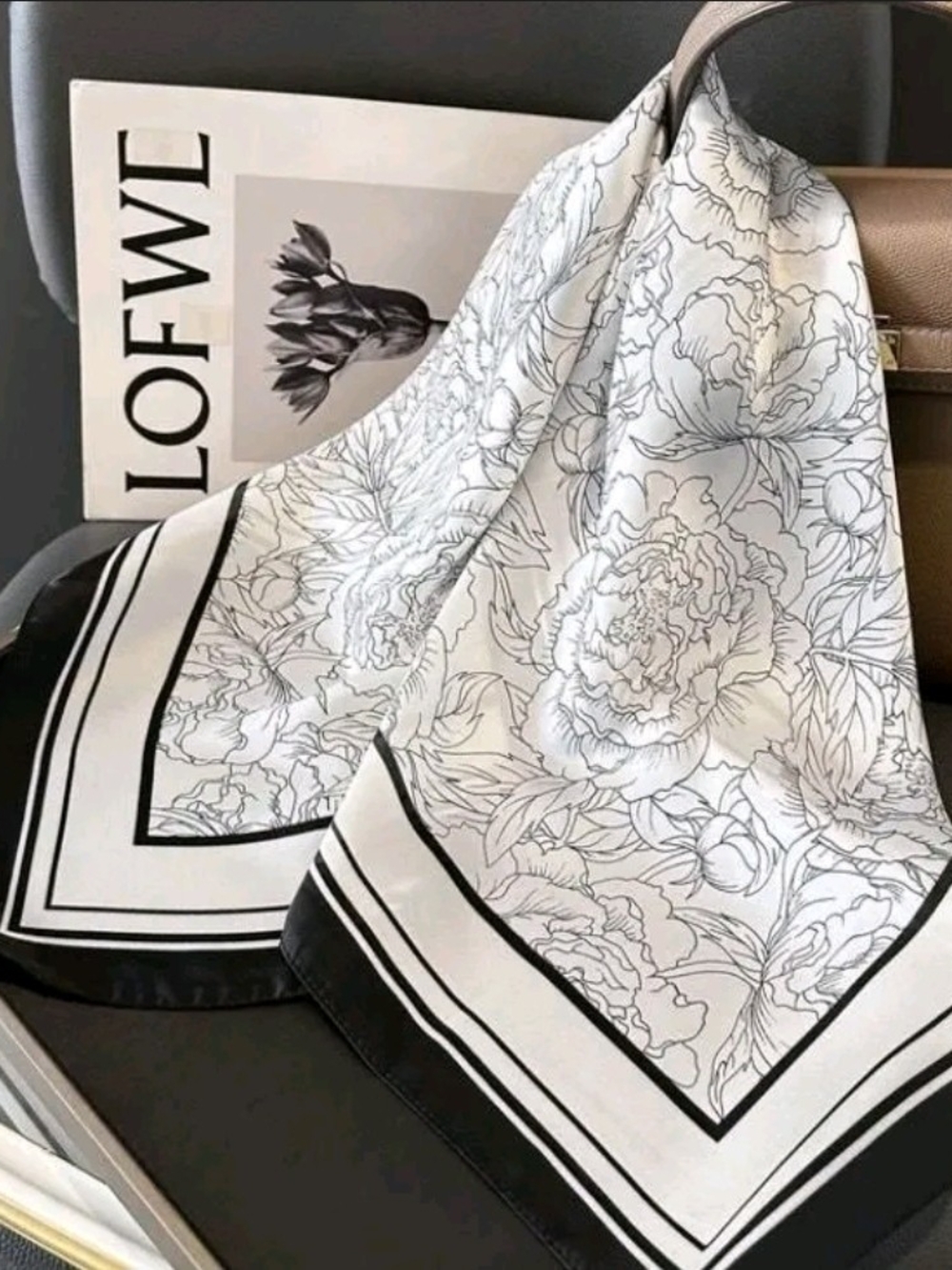 Elegant Black & White Floral Silky Scarf - Women Accessories